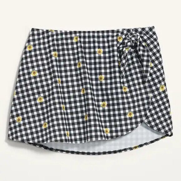 NWT Old Navy Wrap-Front Side-Tie Sarong Swim Skirt Black White Gingham Women - Picture 2 of 4